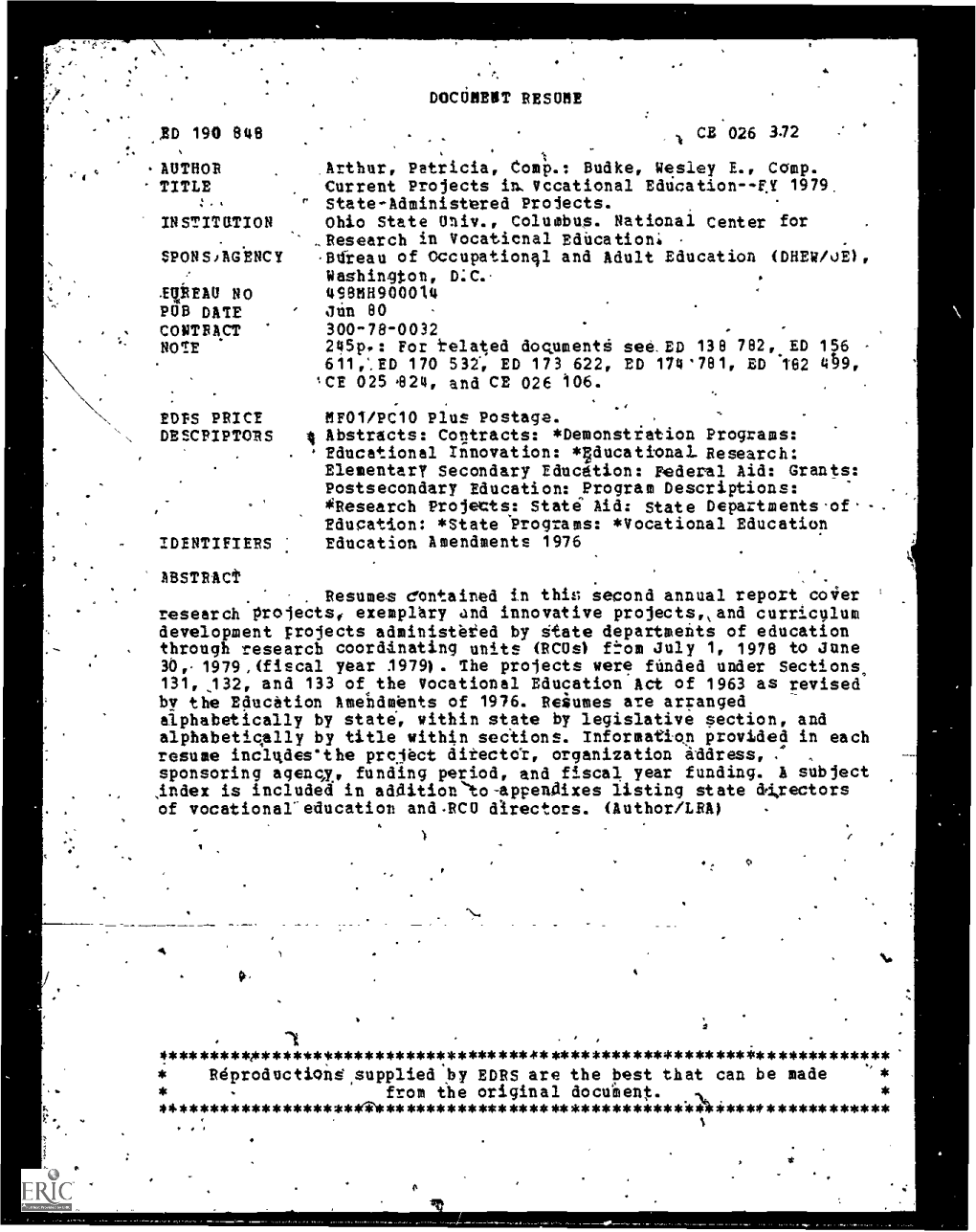 Current Projects in Vocational Education--FY 1979 State