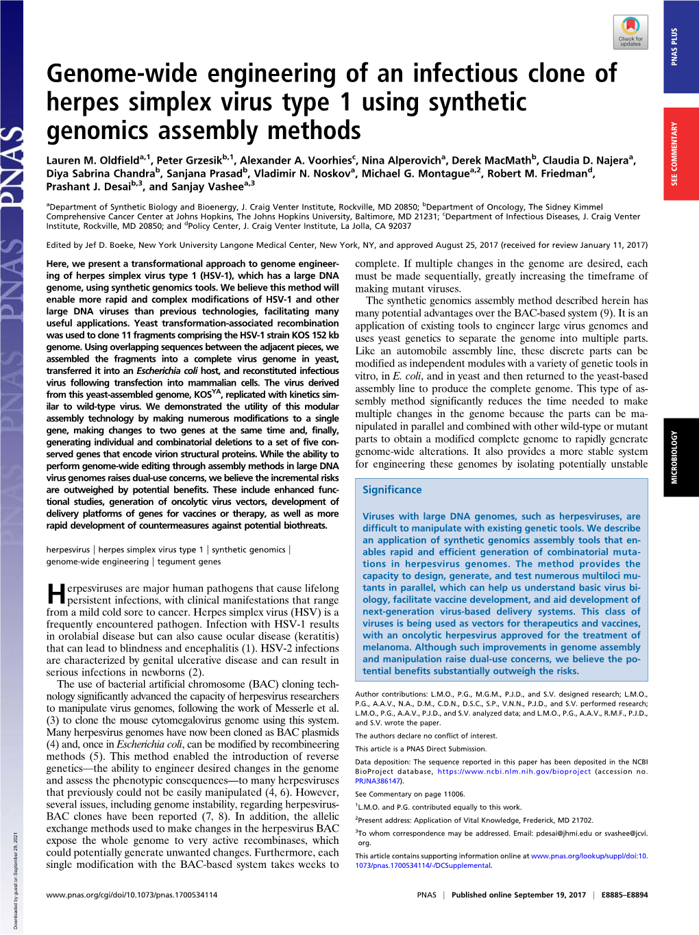 Genome-Wide Engineering of an Infectious Clone of Herpes