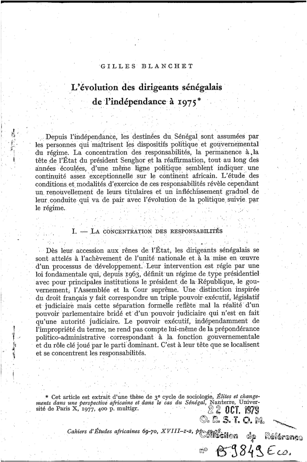 L'évolution Des Dirigeants Sénégalais De L'indépendance À 1975