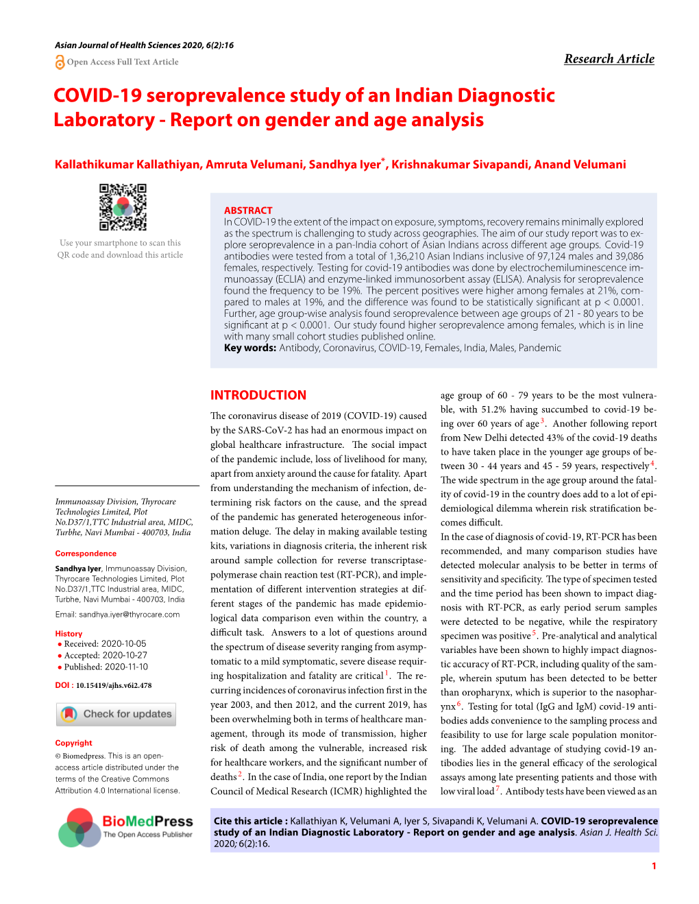 COVID-19 Seroprevalence Study of an Indian Diagnostic Laboratory - Report on Gender and Age Analysis