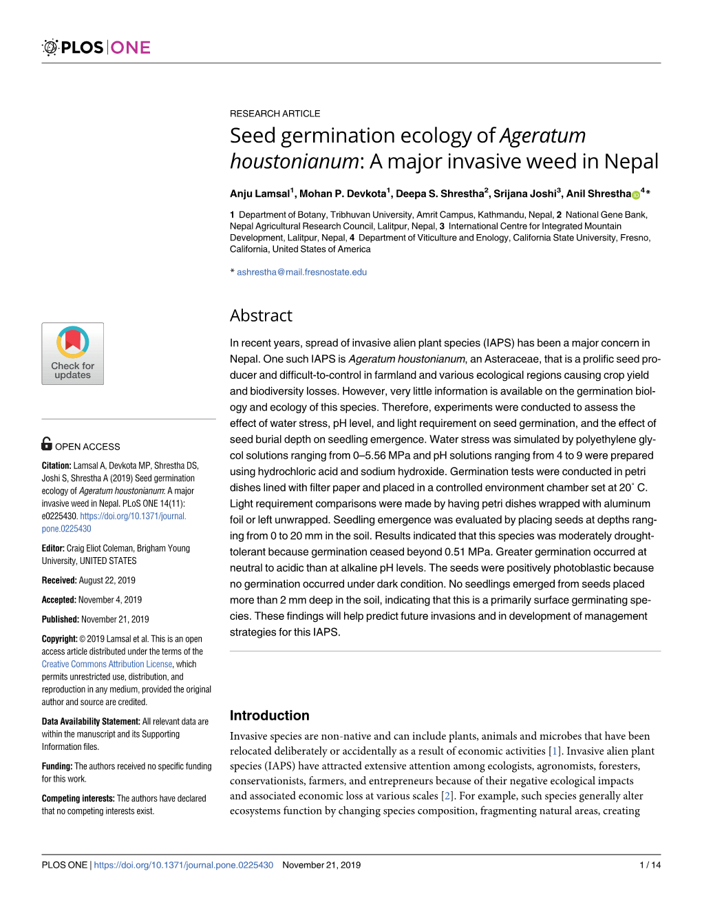 Seed Germination Ecology of Ageratum Houstonianum: a Major Invasive Weed in Nepal