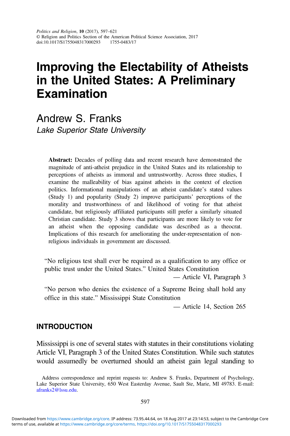 Improving the Electability of Atheists in the United States: a Preliminary Examination