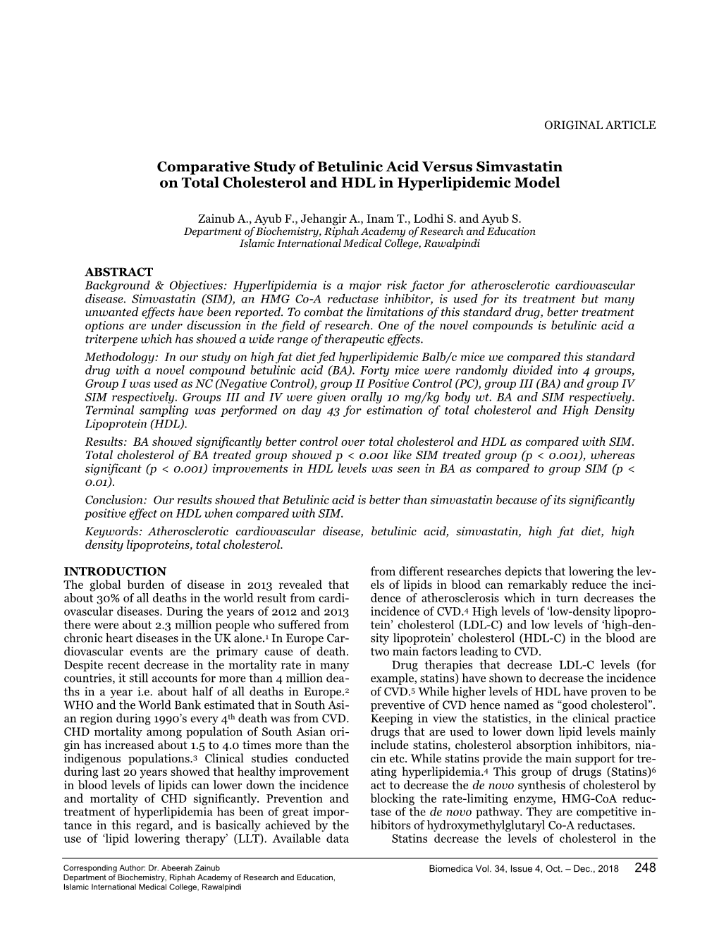 Comparative Study of Betulinic Acid Versus Simvastatin on Total Cholesterol and HDL in Hyperlipidemic Model