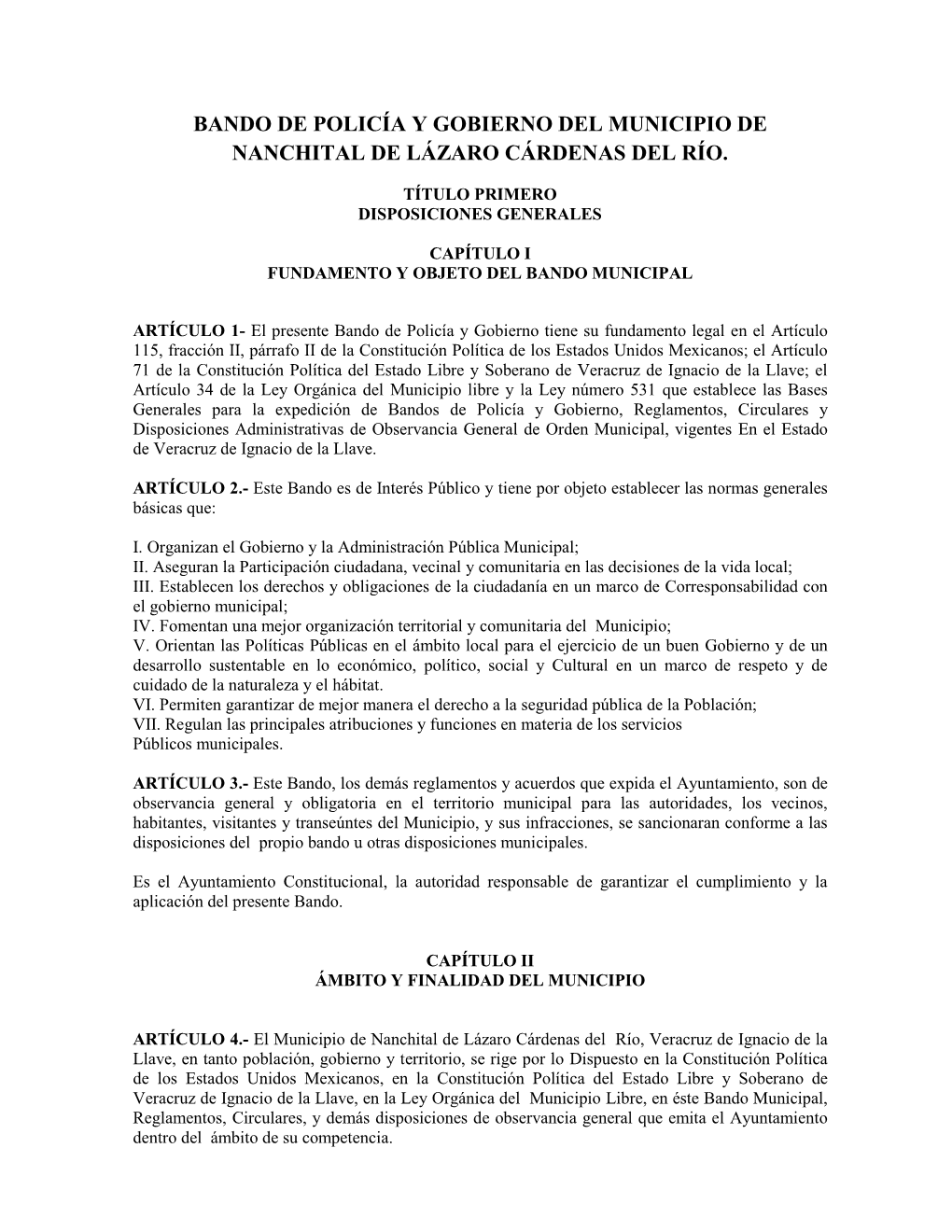 Bando De Policía Y Gobierno Del Municipio De Nanchital De Lázaro Cárdenas Del Río