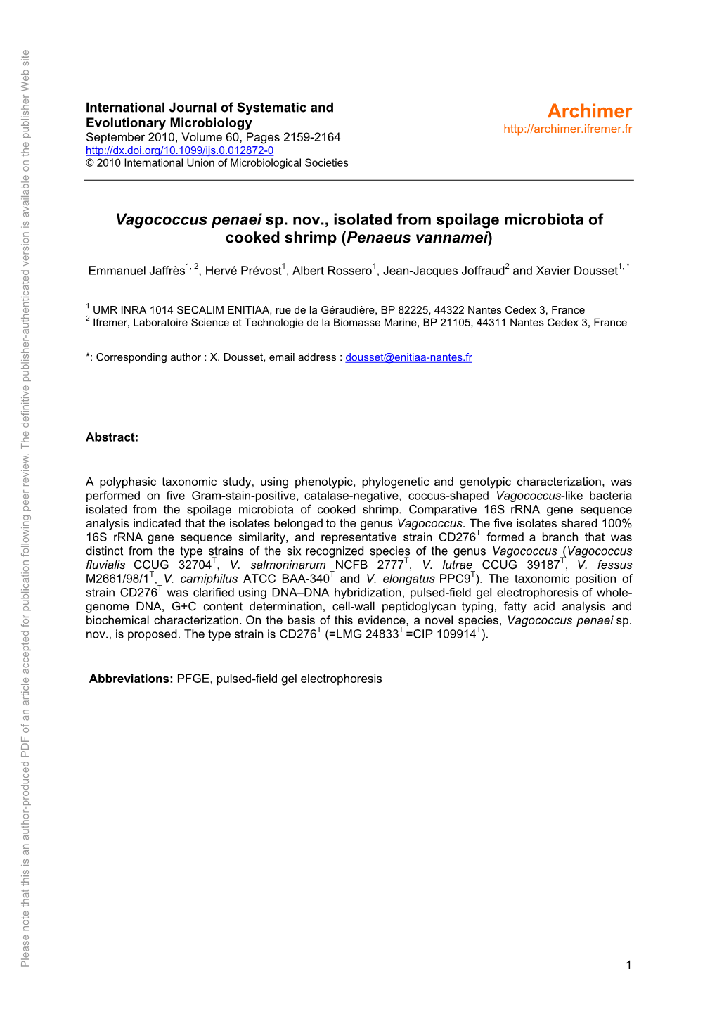 Vagococcus Penaei Sp. Nov., Isolated from Spoilage Microbiota of Cooked