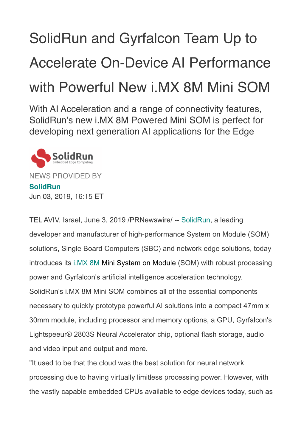 Solidrun and Gyrfalcon Team up to Accelerate On-Device AI Performance with Powerful New I.MX 8M Mini SOM