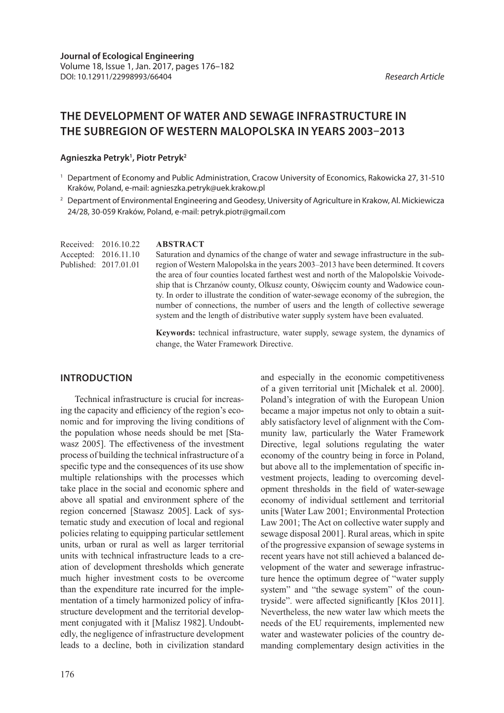 The Development of Water and Sewage Infrastructure in the Subregion of Western Malopolska in Years 2003–2013