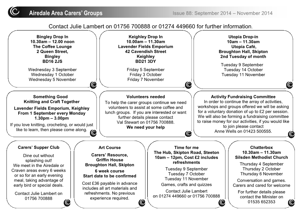 Airedale Area Carers’ Groups Issue 88: September 2014 – November 2014