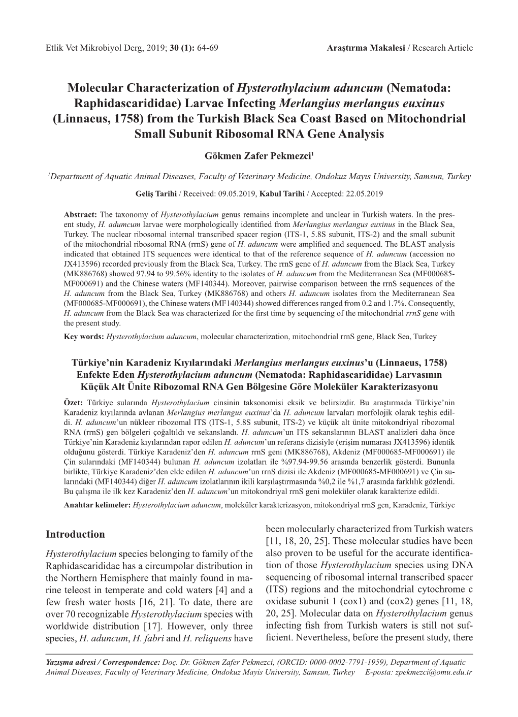 Molecular Characterization of Hysterothylacium Aduncum