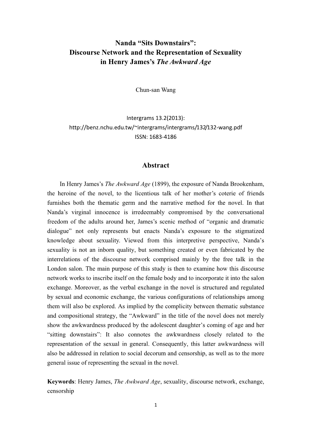 Nanda “Sits Downstairs”: Discourse Network and the Representation of Sexuality in Henry James’S the Awkward Age