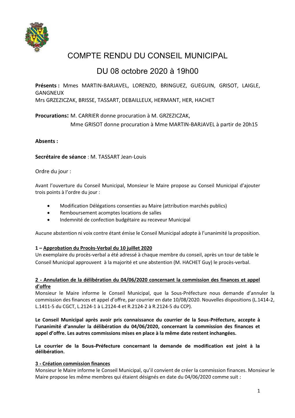 COMPTE RENDU DU CONSEIL MUNICIPAL DU 08 Octobre 2020 À 19H00