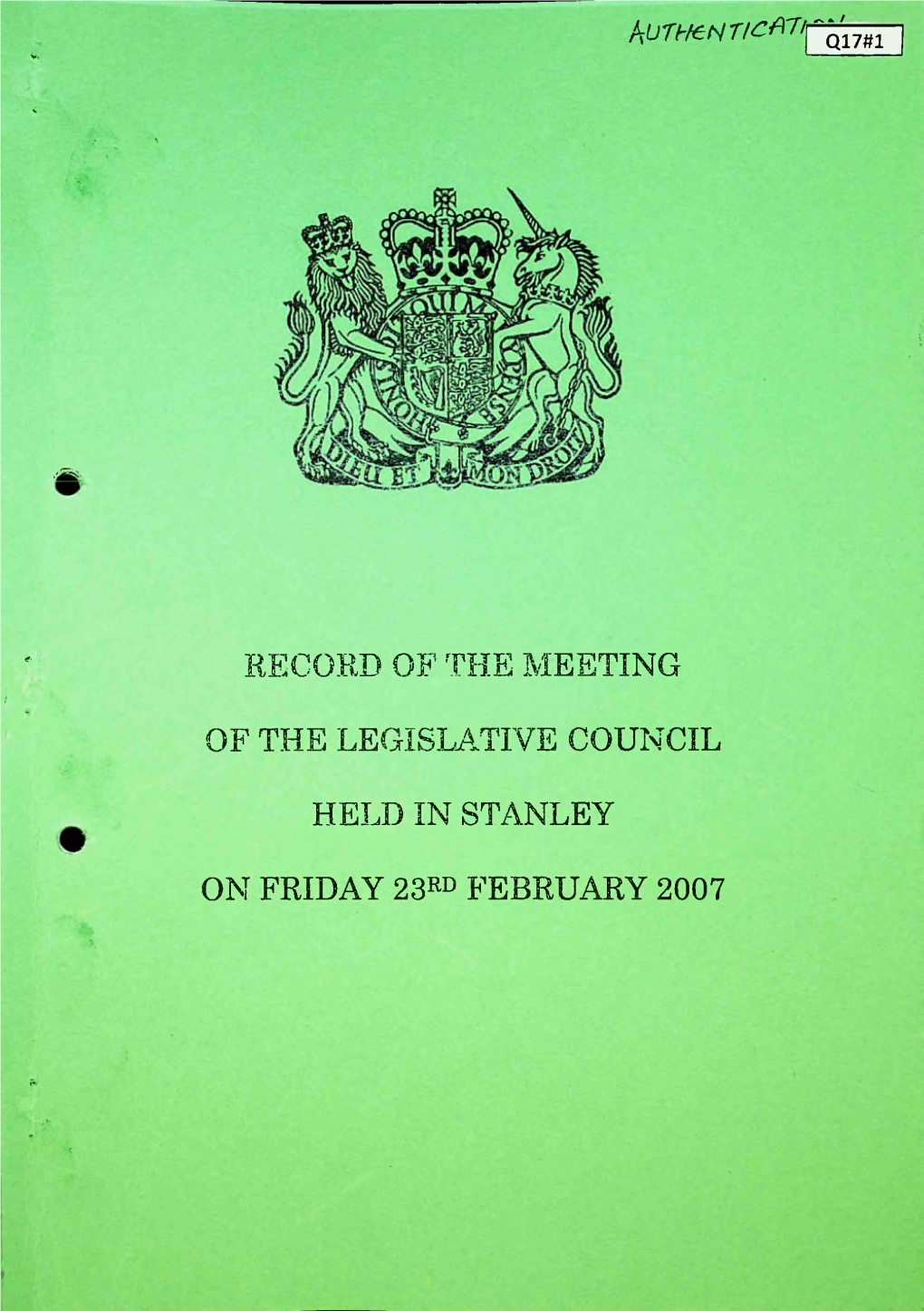 Record of the Meeting of the Legislative Council Held in Stanley on Friday 23 February 2007