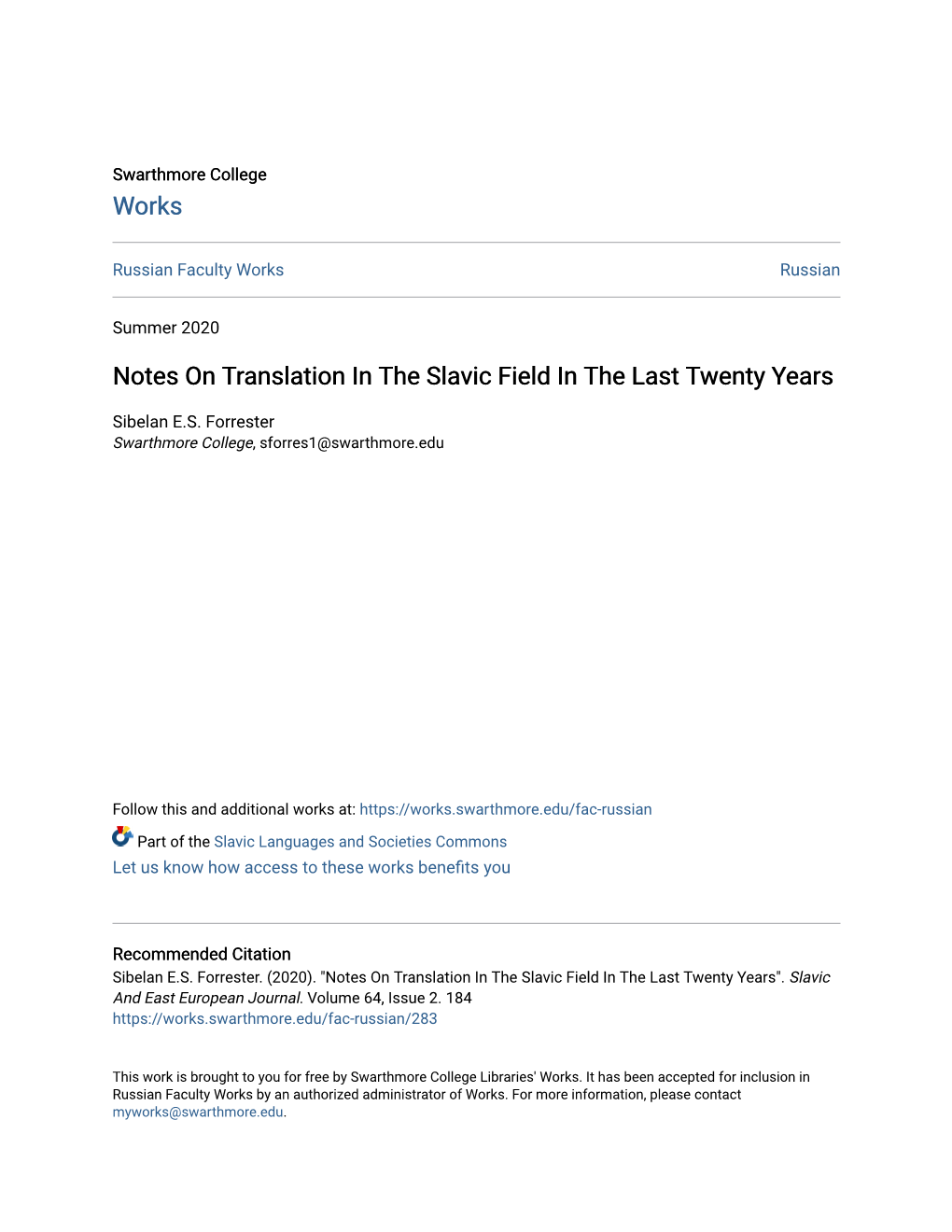 Notes on Translation in the Slavic Field in the Last Twenty Years