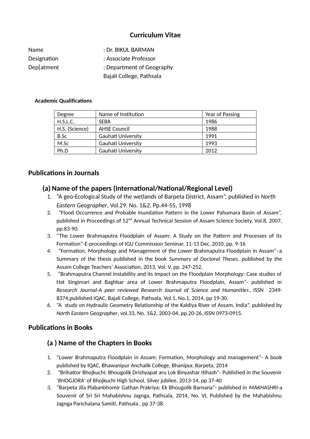 (International/National/Regional Level) Publications in Books