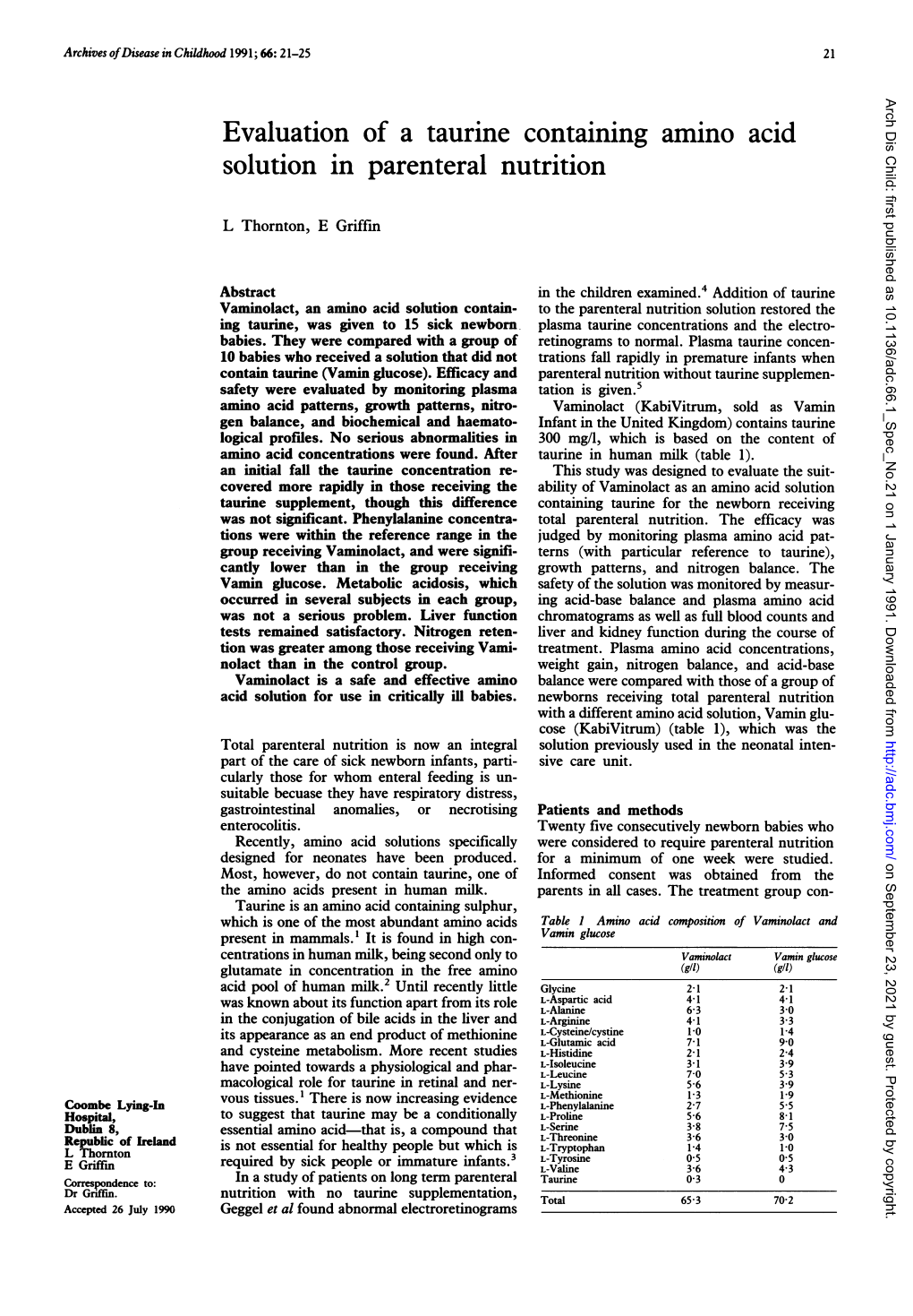 Evaluation of a Taurine Containing Amino Acid Solution in Parenteral Nutrition