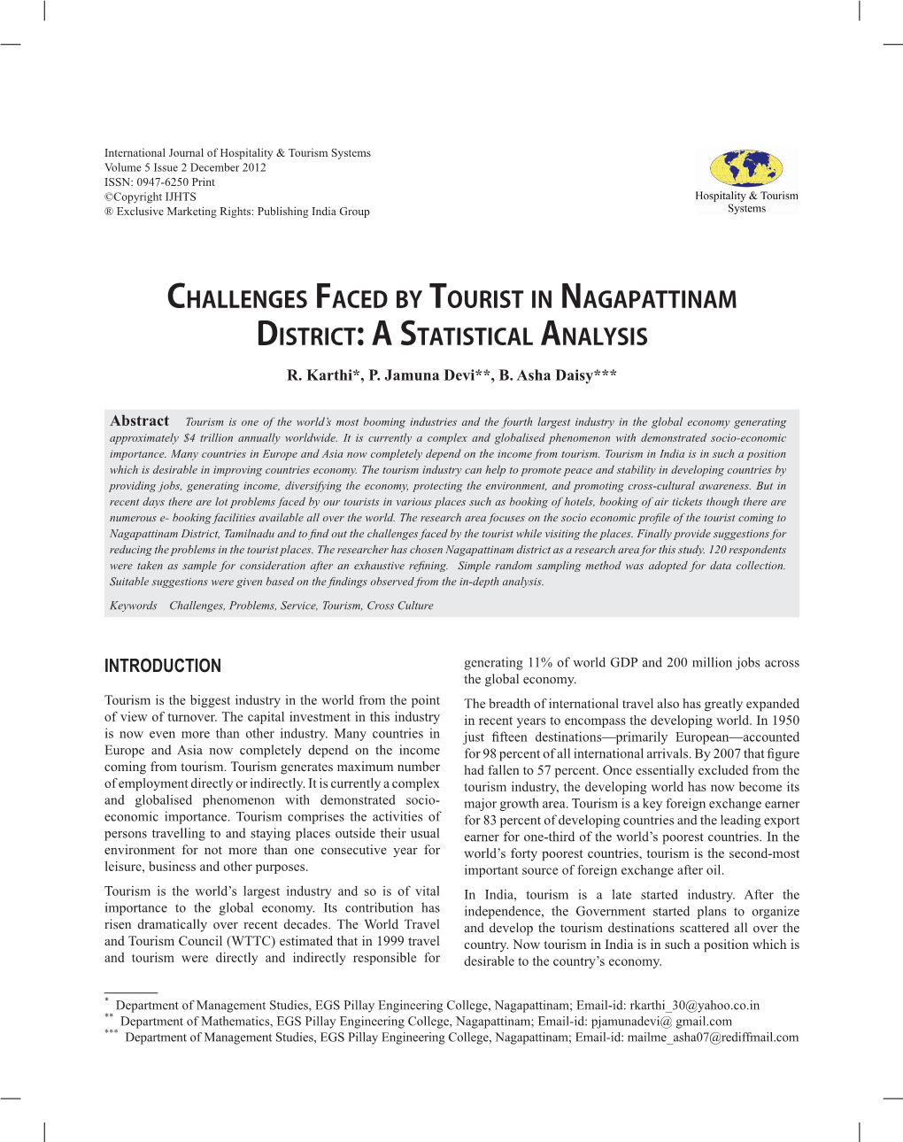 Challenges Faced by Tourist in Nagapattinam District: a Statistical Analysis R