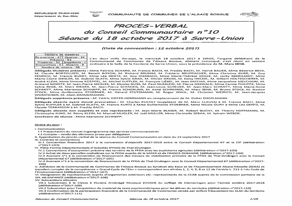 PROCES- VERBAL Du Conseil Communautaire N 010 Séance Du 18 Octobre 2017 À Sarre-Union