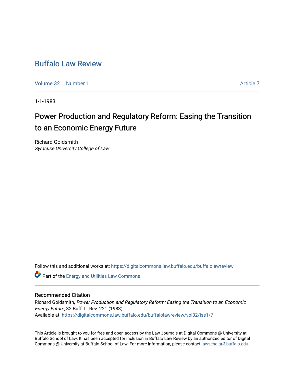 Power Production and Regulatory Reform: Easing the Transition to an Economic Energy Future