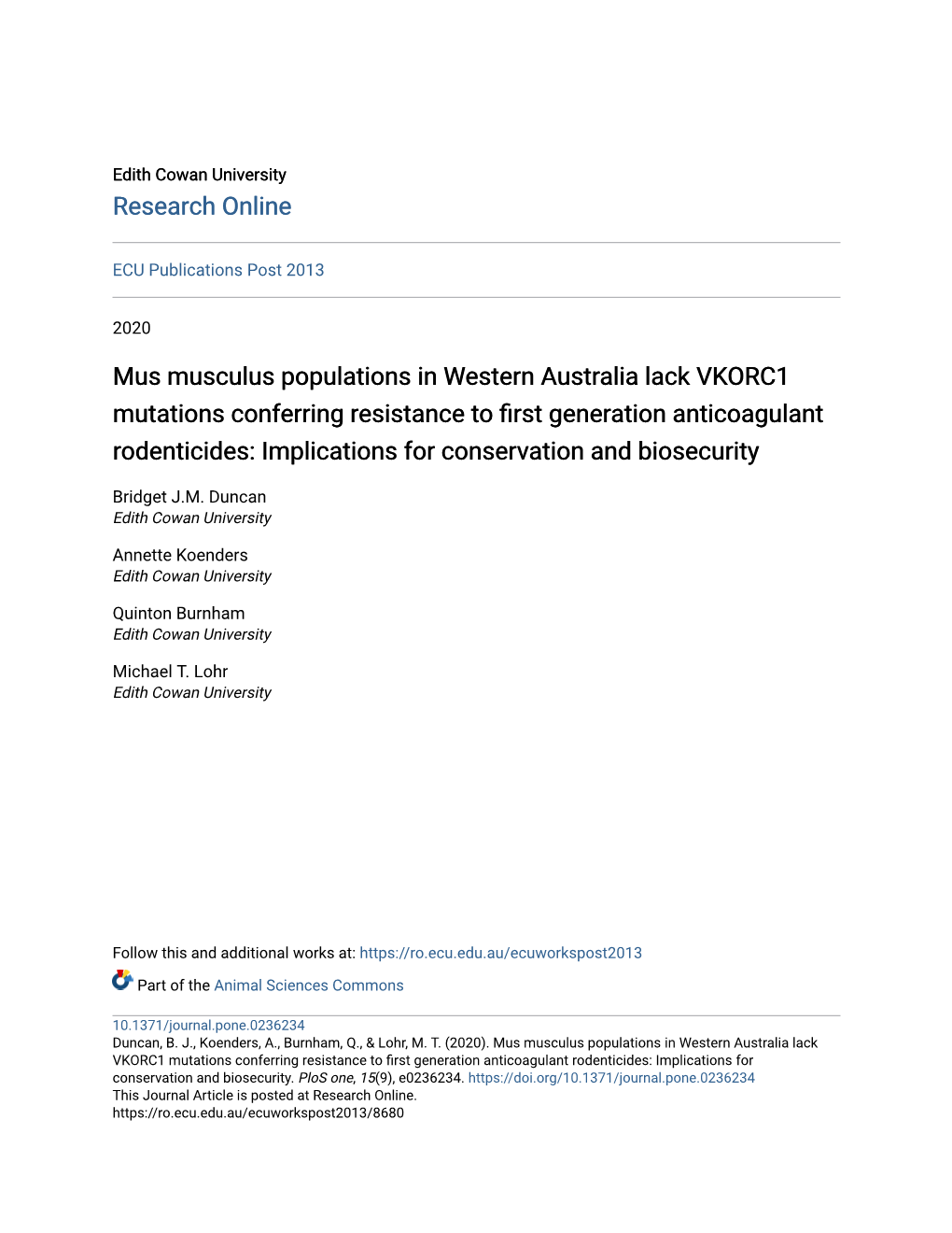 Mus Musculus Populations in Western Australia