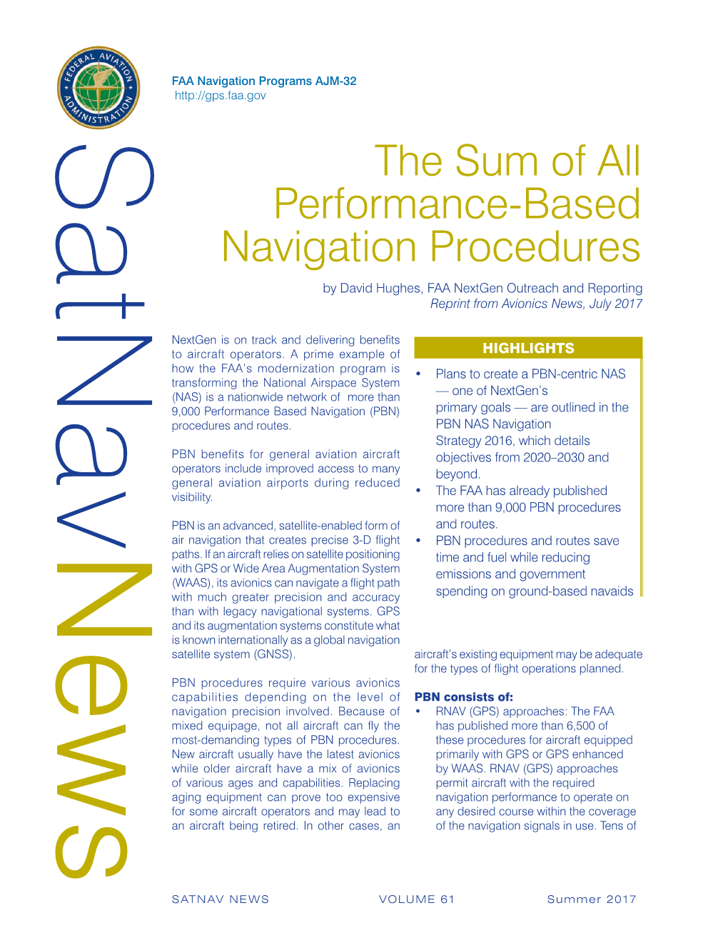 The Sum of All Performance-Based Navigation Procedures by David Hughes, FAA Nextgen Outreach and Reporting Reprint from Avionics News, July 2017