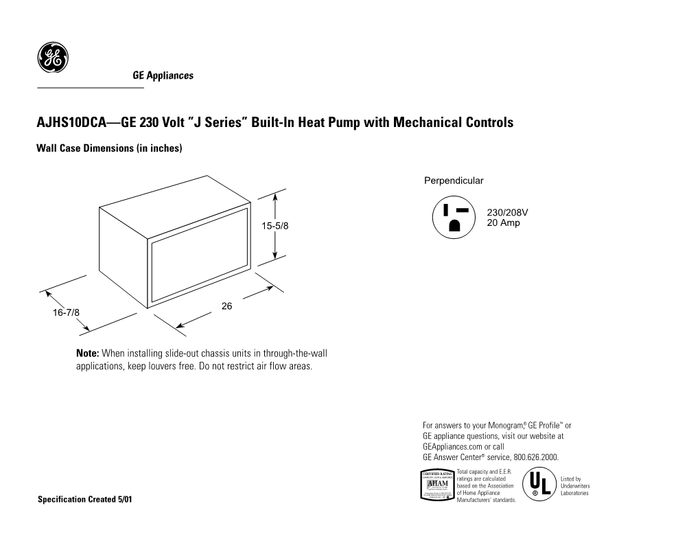 AJHS10DCA—GE 230 Volt ”J Series” Built-In Heat Pump with Mechanical Controls