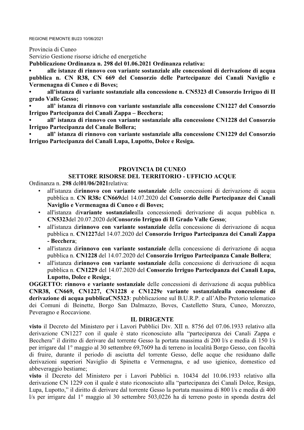 Provincia Di Cuneo Servizio Gestione Risorse Idriche Ed Energetiche Pubblicazione Ordinanza N