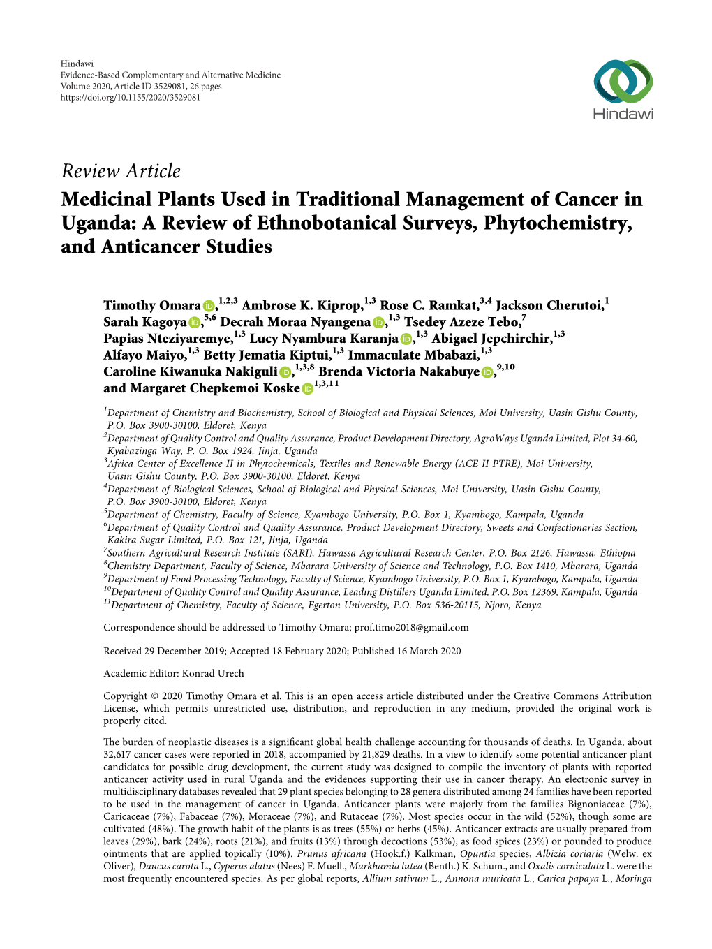 Medicinal Plants Used in Traditional Management of Cancer in Uganda: a Review of Ethnobotanical Surveys, Phytochemistry, and Anticancer Studies