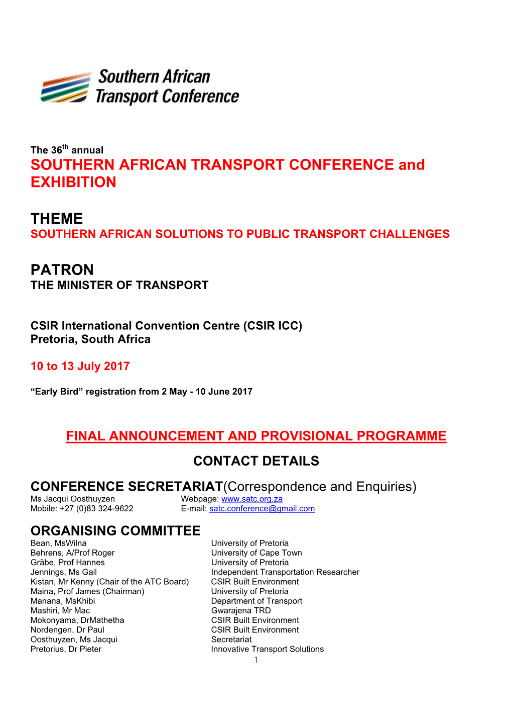 SOUTHERN AFRICAN TRANSPORT CONFERENCE and EXHIBITION