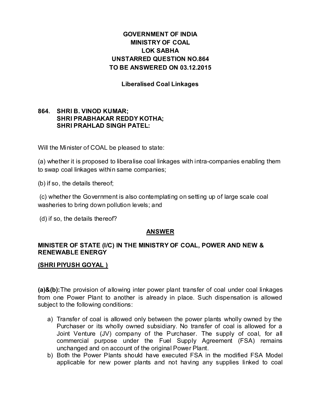 Government of India Ministry of Coal Lok Sabha Unstarred Question No.864 to Be Answered on 03.12.2015