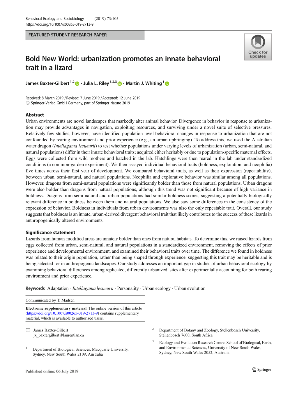 Bold New World: Urbanization Promotes an Innate Behavioral Trait in a Lizard