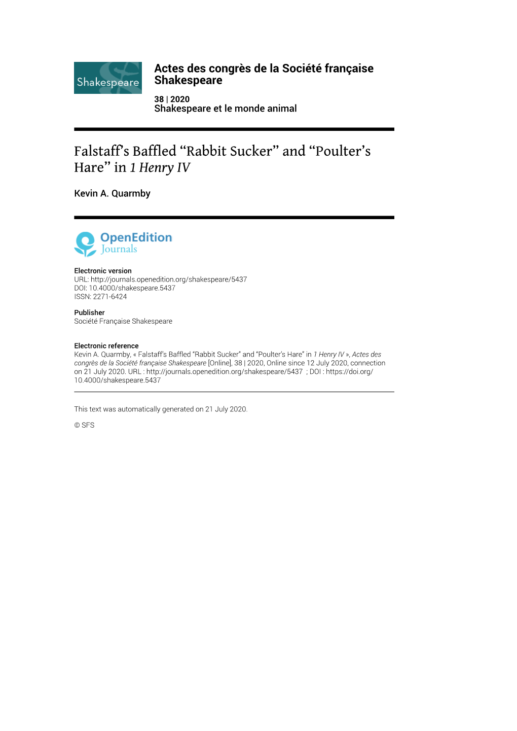 Actes Des Congrès De La Société Française Shakespeare, 38 | 2020 Falstaff’S Baffled “Rabbit Sucker” and “Poulter’S Hare” in 1 Henry IV 2