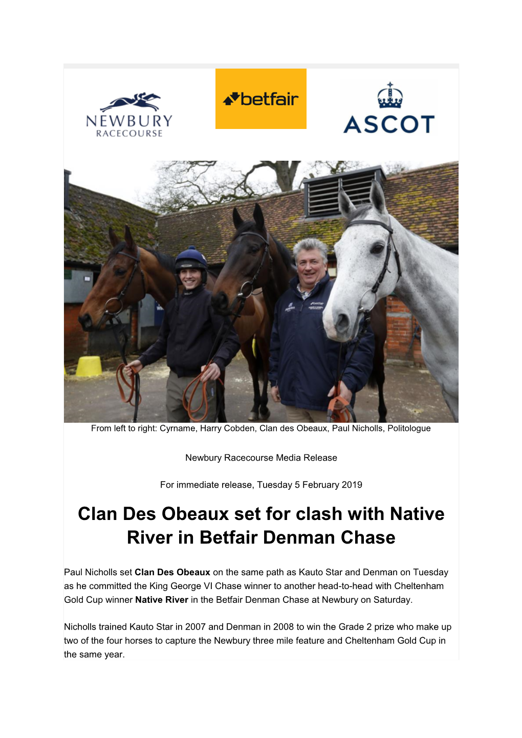 Clan Des Obeaux Set for Clash with Native River in Betfair Denman Chase