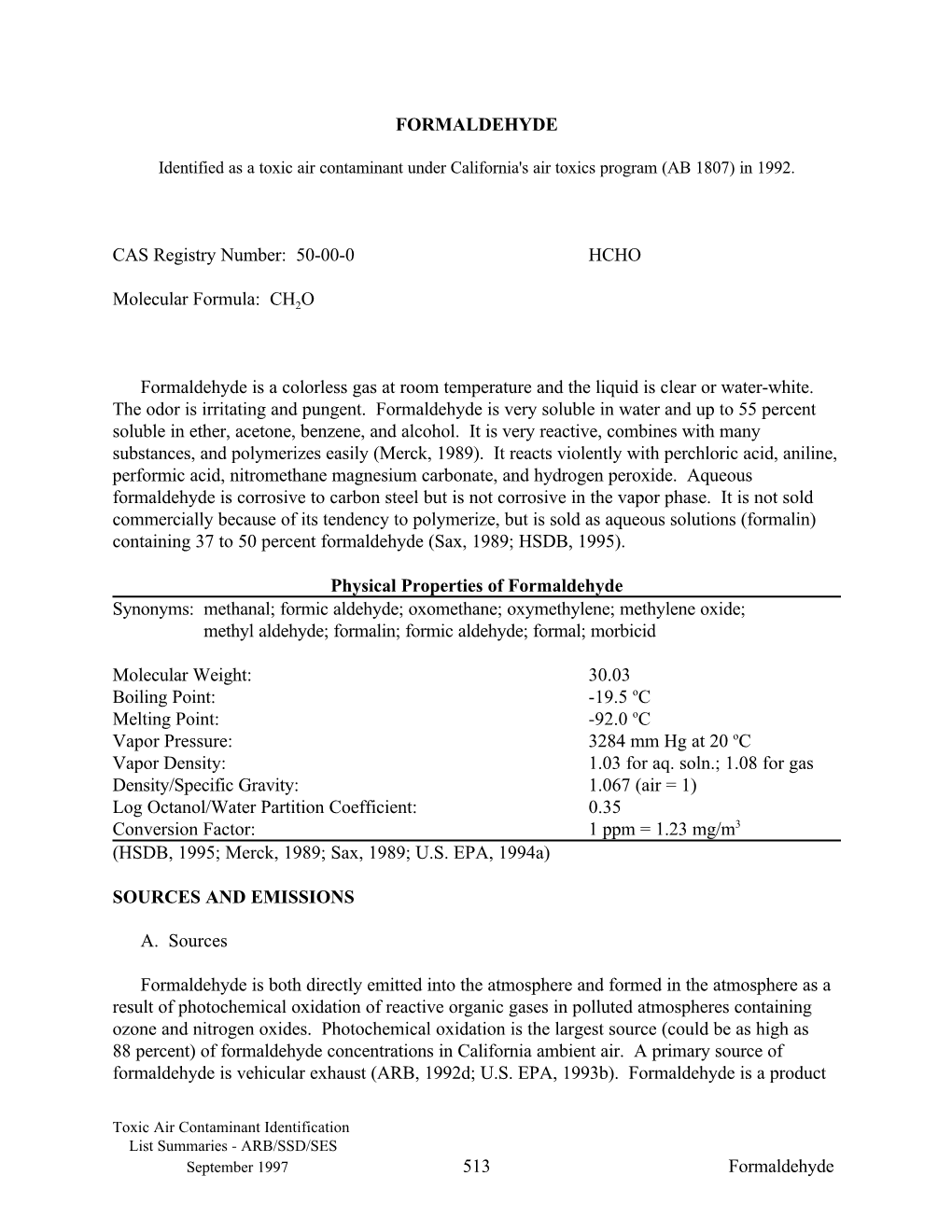 Background Material:1997-11-12 Formaldehyde As a Federal