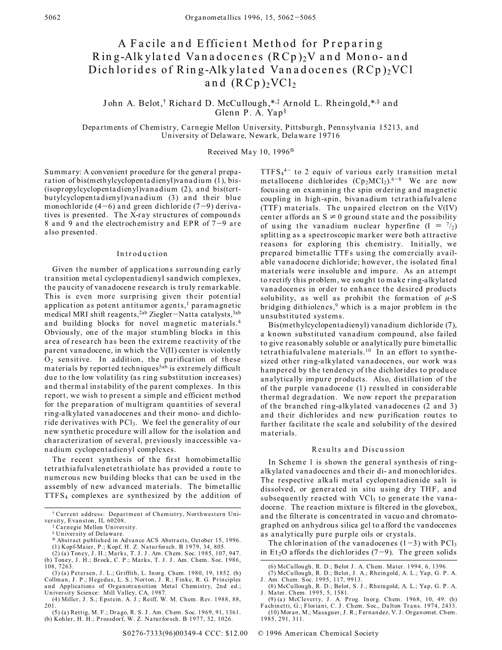 Rcp)2V and Mono- and Dichlorides of Ring-Alkylated Vanadocenes (Rcp)2Vcl and (Rcp)2Vcl2