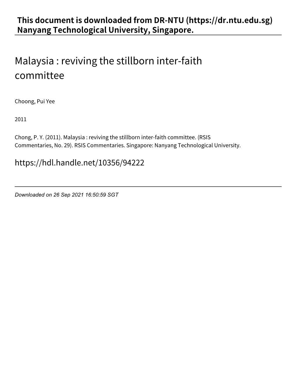Malaysia : Reviving the Stillborn Inter‑Faith Committee