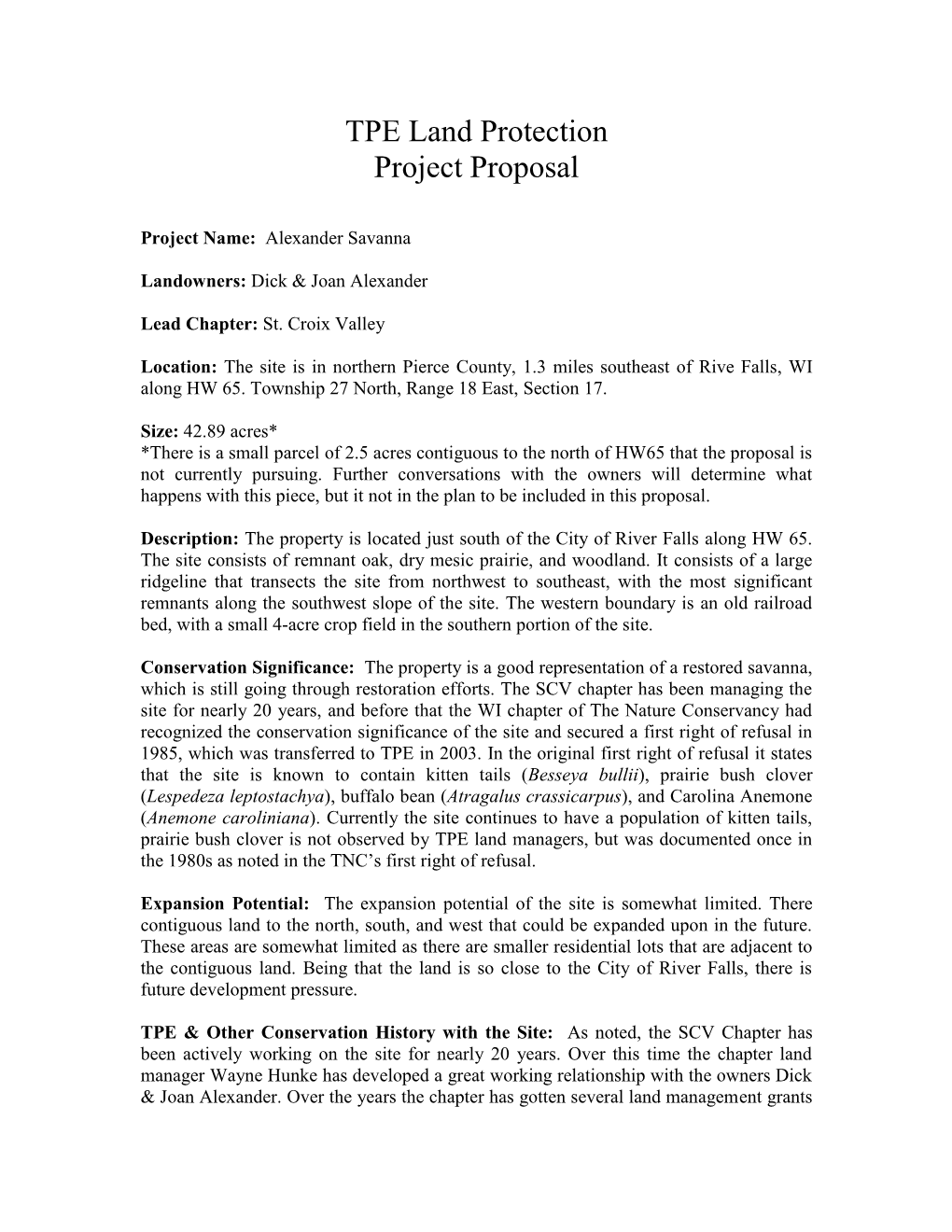 TPE Land Protection Project Proposal
