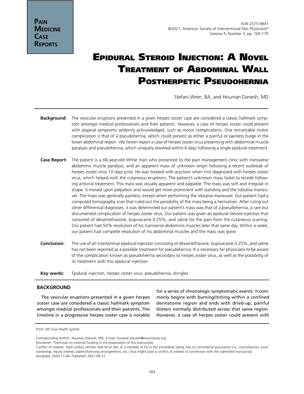 Anovel Treatment of Abdominal Wall Postherpetic Pseudohernia