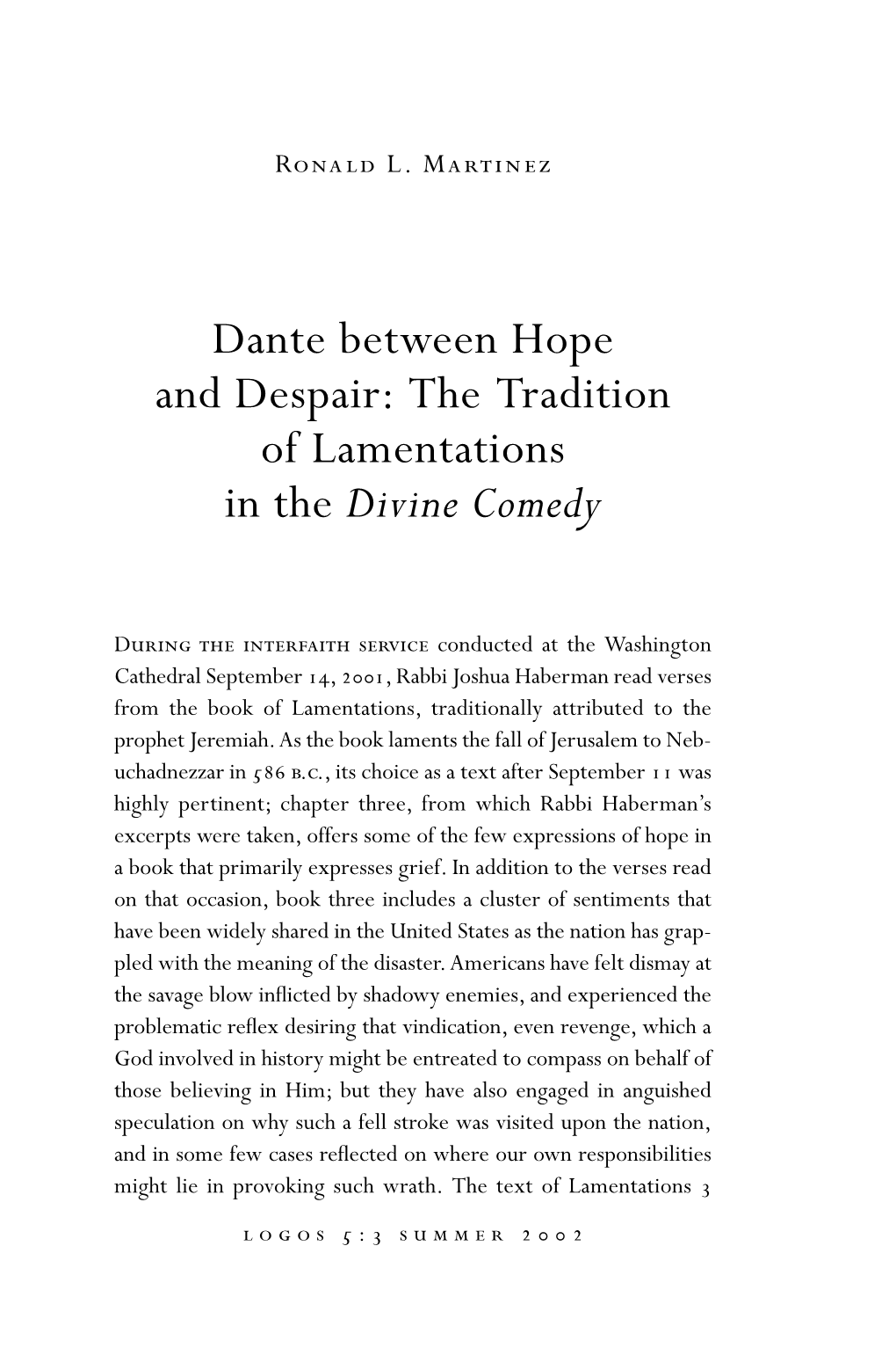 Dante Between Hope and Despair: the Tradition of Lamentations in the Divine Comedy