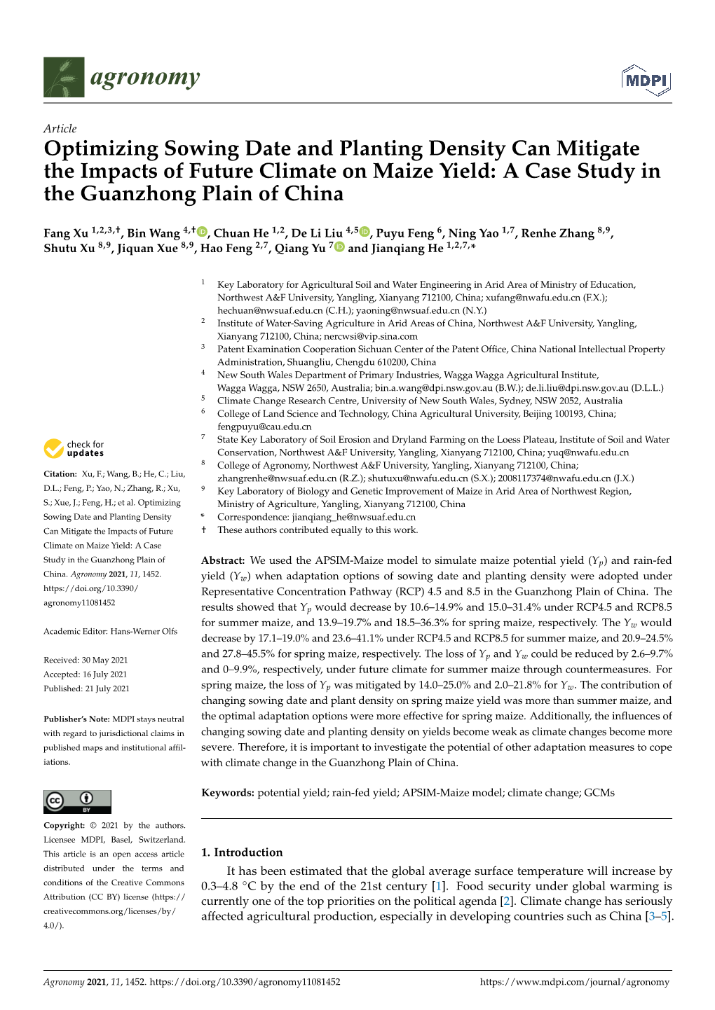 Optimizing Sowing Date and Planting Density Can Mitigate the Impacts of Future Climate on Maize Yield: a Case Study in the Guanzhong Plain of China