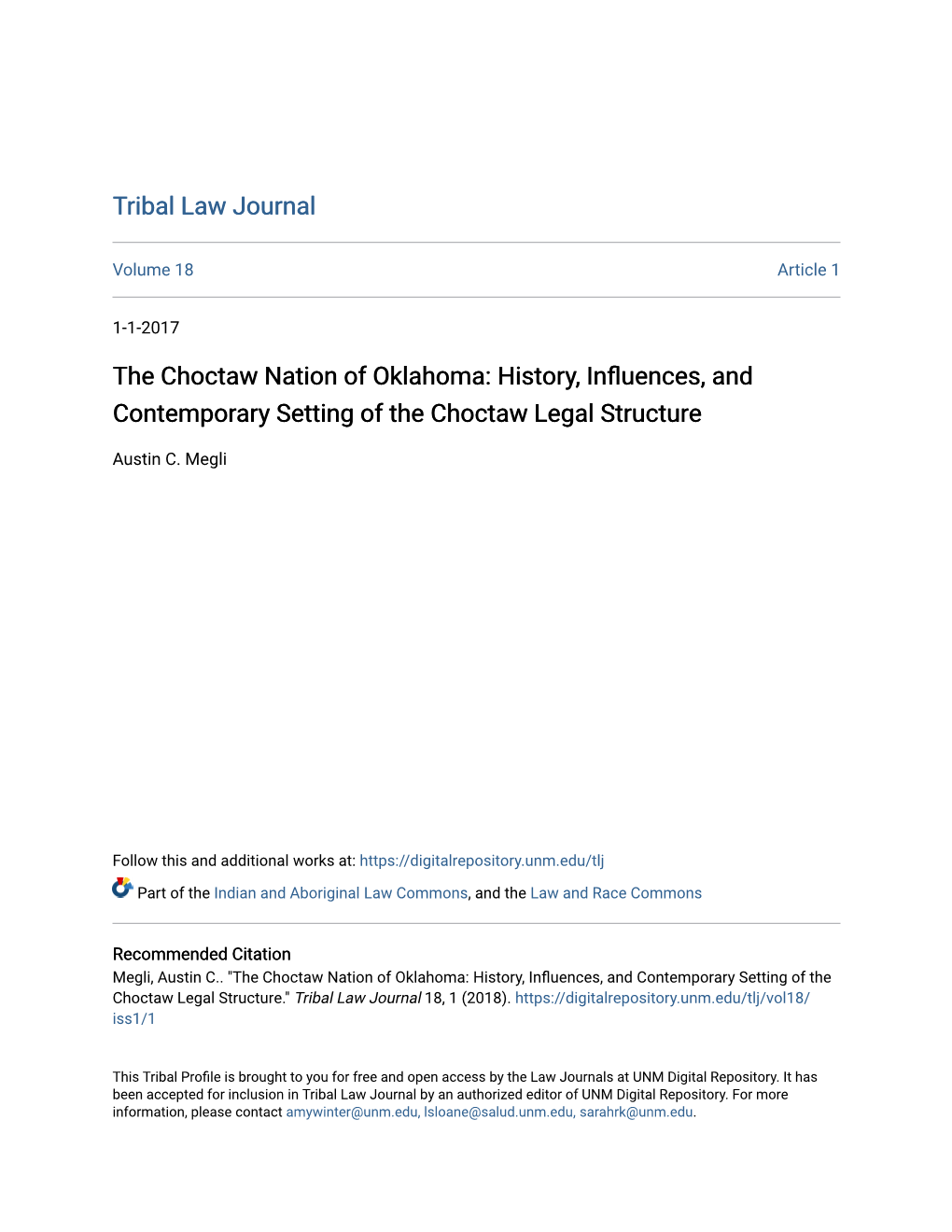 The Choctaw Nation of Oklahoma: History, Influences, and Contemporary Setting of the Choctaw Legal Structure