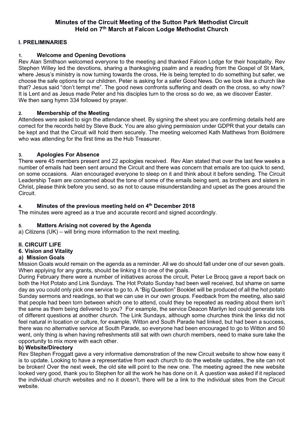 Minutes of the Circuit Meeting of the Sutton Park Methodist Circuit Held on 7Th March at Falcon Lodge Methodist Church