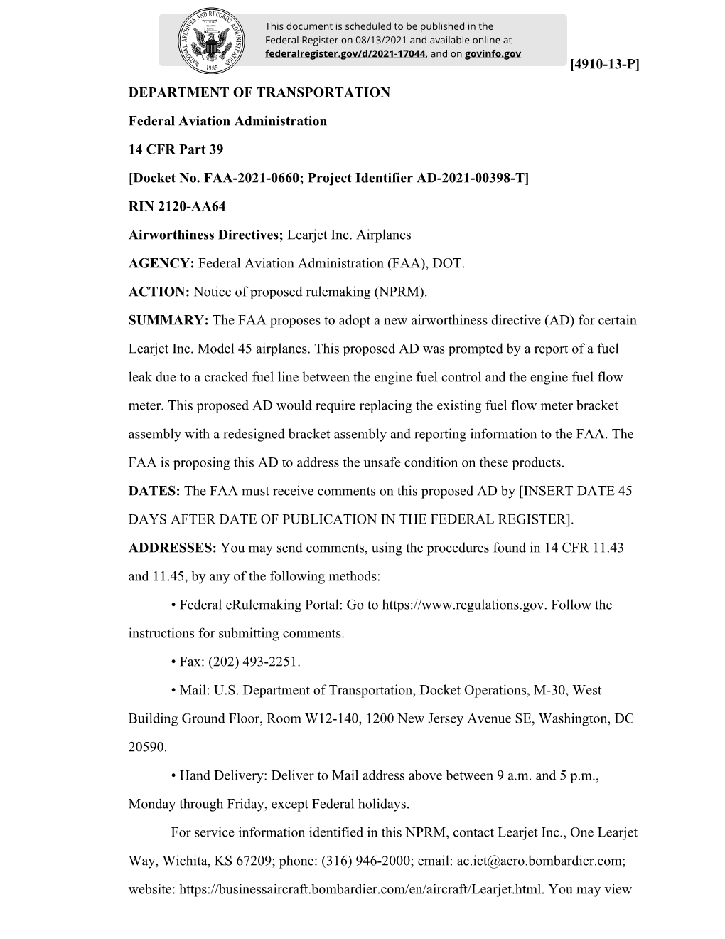 [4910-13-P] DEPARTMENT of TRANSPORTATION Federal Aviation Administration 14 CFR Part 39 [Docket No