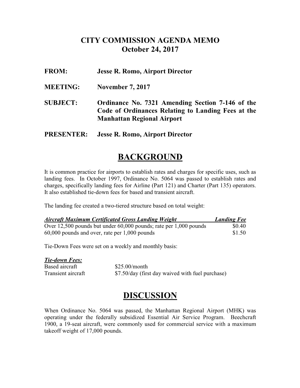 CITY COMMISSION AGENDA MEMO October 24, 2017