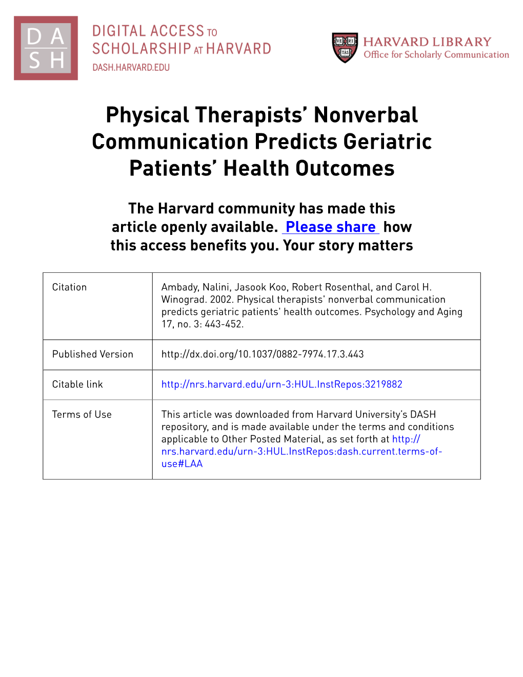 Physical Therapists' Nonverbal Communication Predicts Geriatric Patients' Health Outcomes