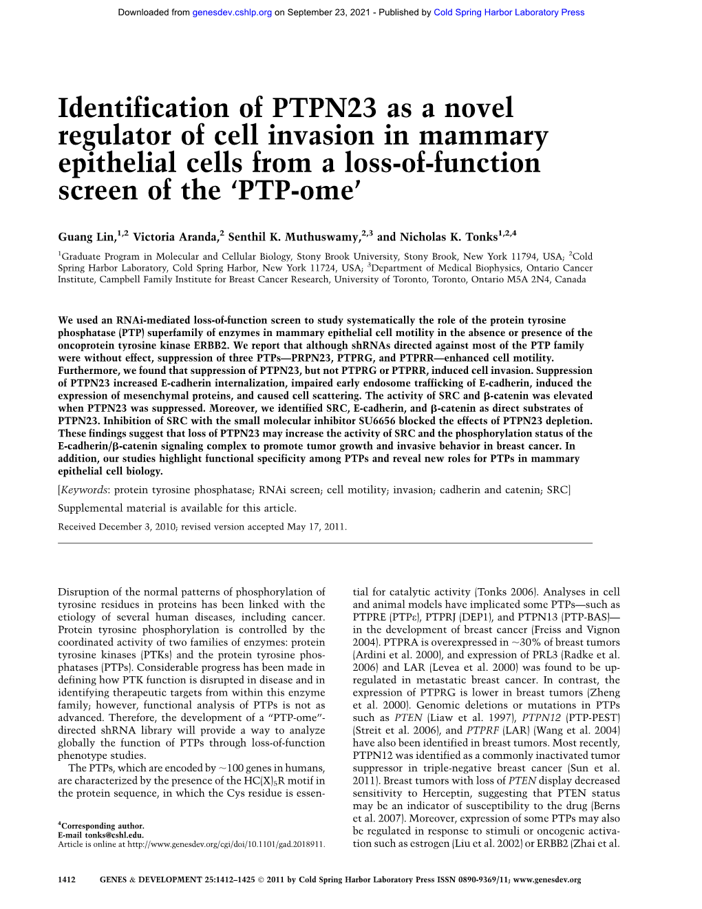 Identification of PTPN23 As a Novel Regulator of Cell Invasion in Mammary Epithelial Cells from a Loss-Of-Function Screen of the ‘PTP-Ome’