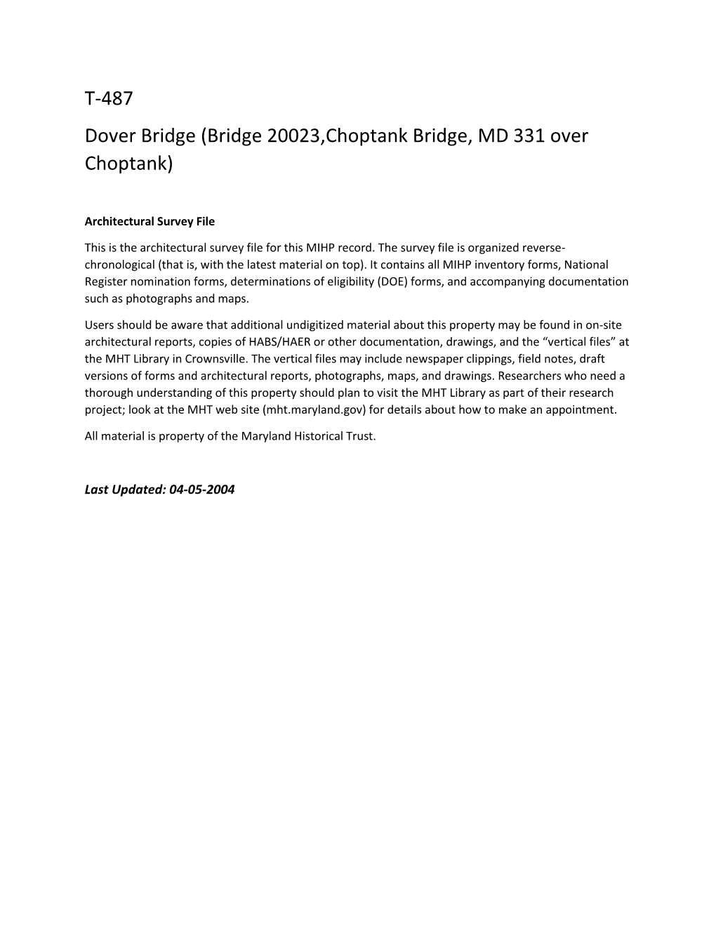 T-487 Dover Bridge (Bridge 20023,Choptank Bridge, MD 331 Over Choptank)