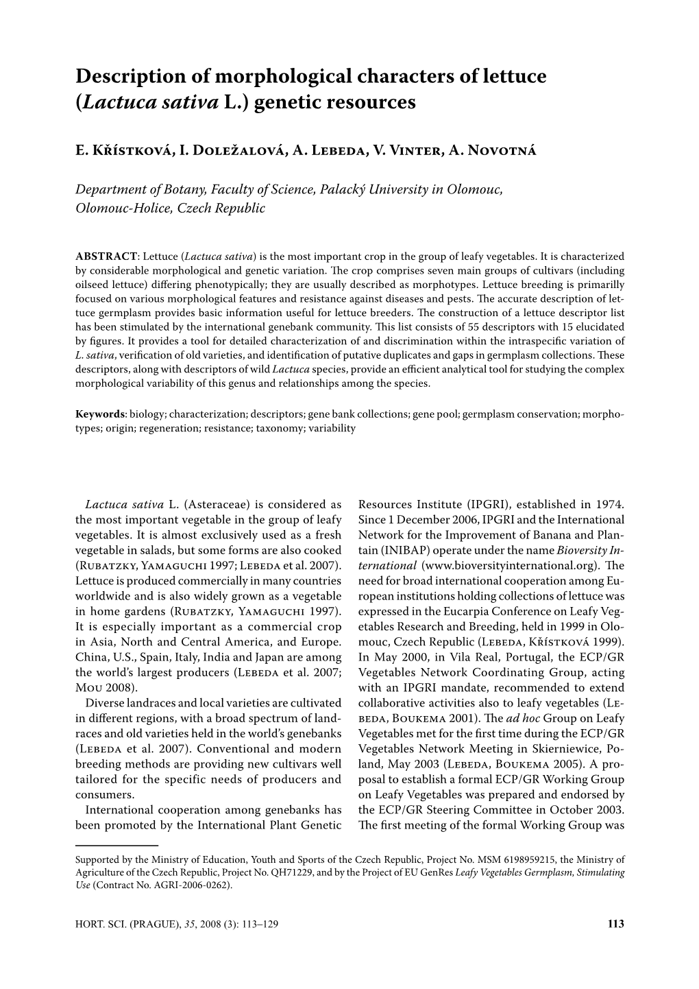 Description of Morphological Characters of Lettuce (Lactuca Sativa L.) Genetic Resources