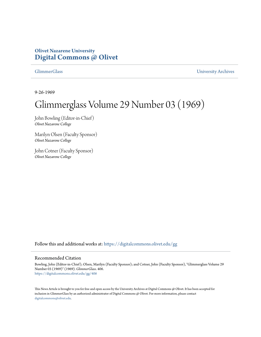 Glimmerglass Volume 29 Number 03 (1969) John Bowling (Editor-In-Chief) Olivet Nazarene College