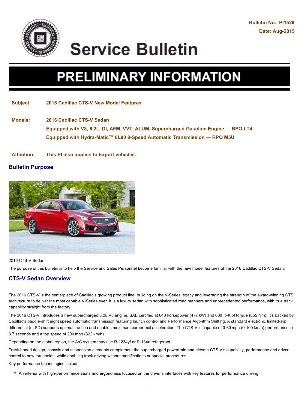 Bulletin Purpose CTS-V Sedan Overview