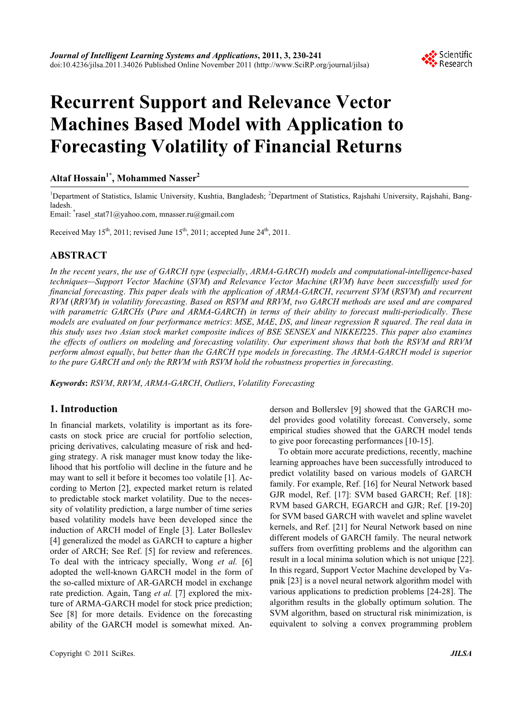 Recurrent Support and Relevance Vector Machines Based Model with Application to Forecasting Volatility of Financial Returns